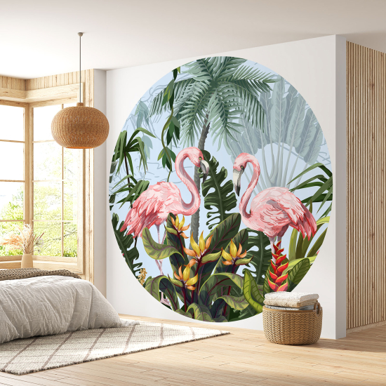 Round / Circle Wall Mural - Wallpaper - Pink Flamingos