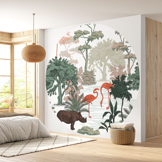 Round / Circle Wall Mural - Wallpaper - Pink Flamingos