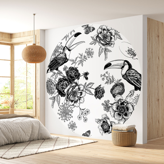 Round / Circle Wall Mural - Wallpaper - Toucan Flowers