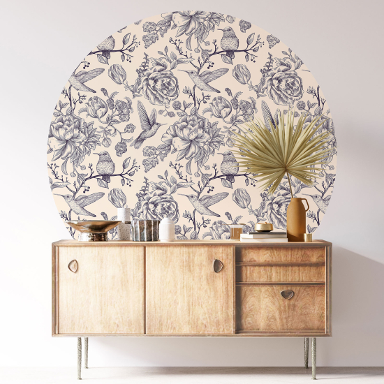 Round / Circle Wall Sticker - Flowers Birds