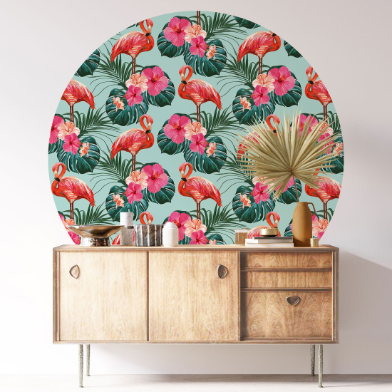 Round / Circle Wall Sticker - Pink Flamingos