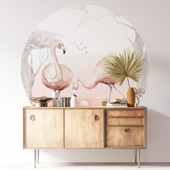 Round / Circle Wall Sticker - Pink Flamingos