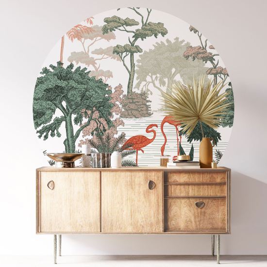 Round / Circle Wall Sticker - Pink Flamingos