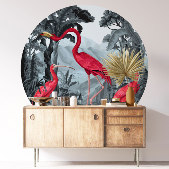 Round / Circle Wall Sticker - Pink Flamingos