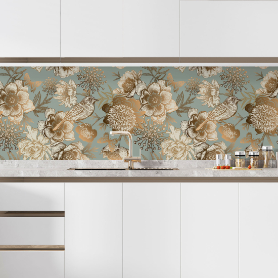 Self Adhesive Kitchen Splashback - Flowers birds