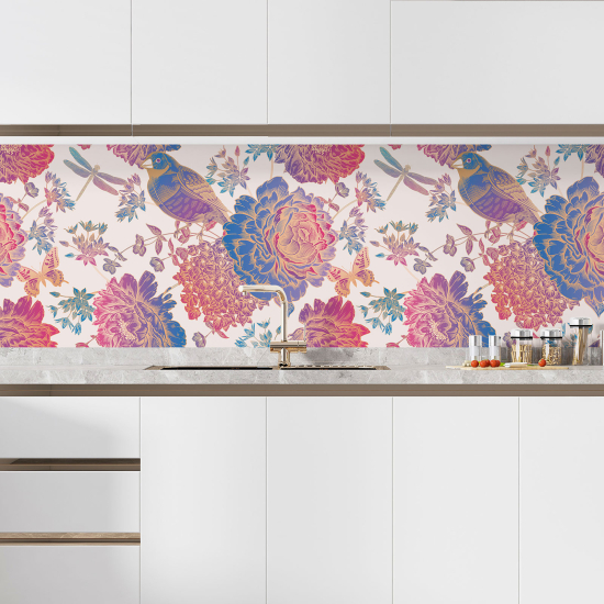 Self Adhesive Kitchen Splashback - Flowers birds