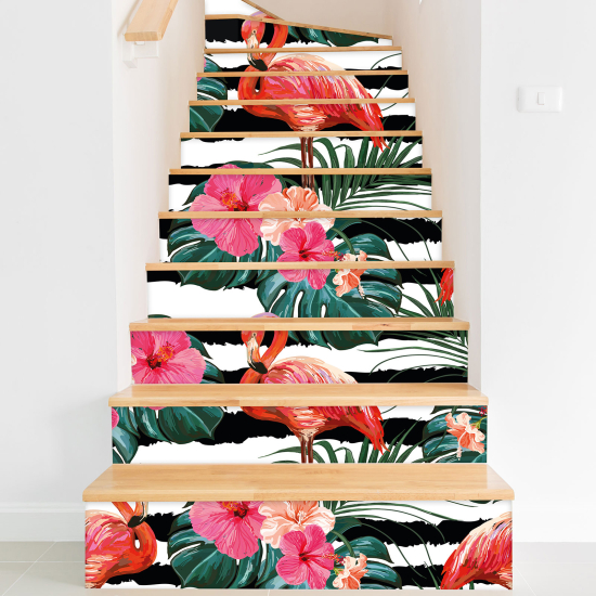 Stair riser stickers - Tropical pink flamingos