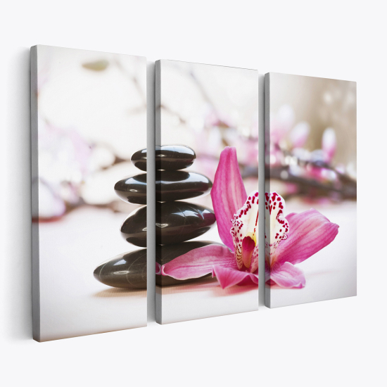 Triptych Canvas Prints - Flowers Pebbles