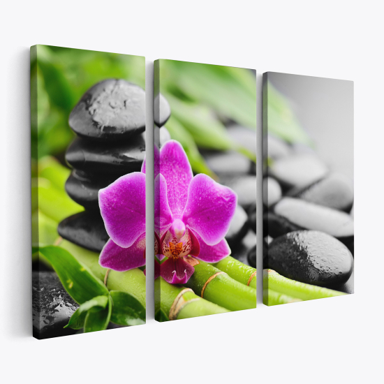 Triptych Canvas Prints - Flowers Pebbles