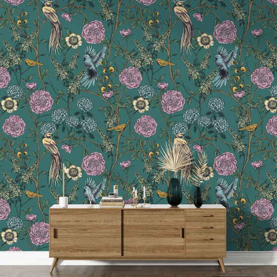 XL Wall Mural - Wallpaper - Flowers Birds