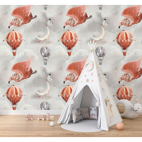 XL Wall Mural - Wallpaper for Kids - Pink Flamingo Hot Air Balloons