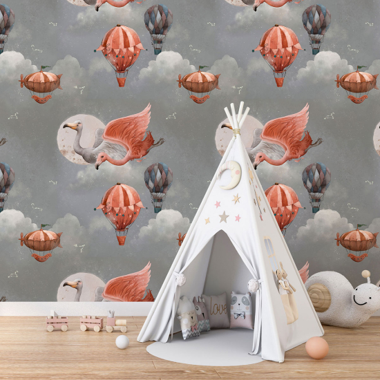 XL Wall Mural - Wallpaper for Kids - Pink Flamingo Hot Air Balloons